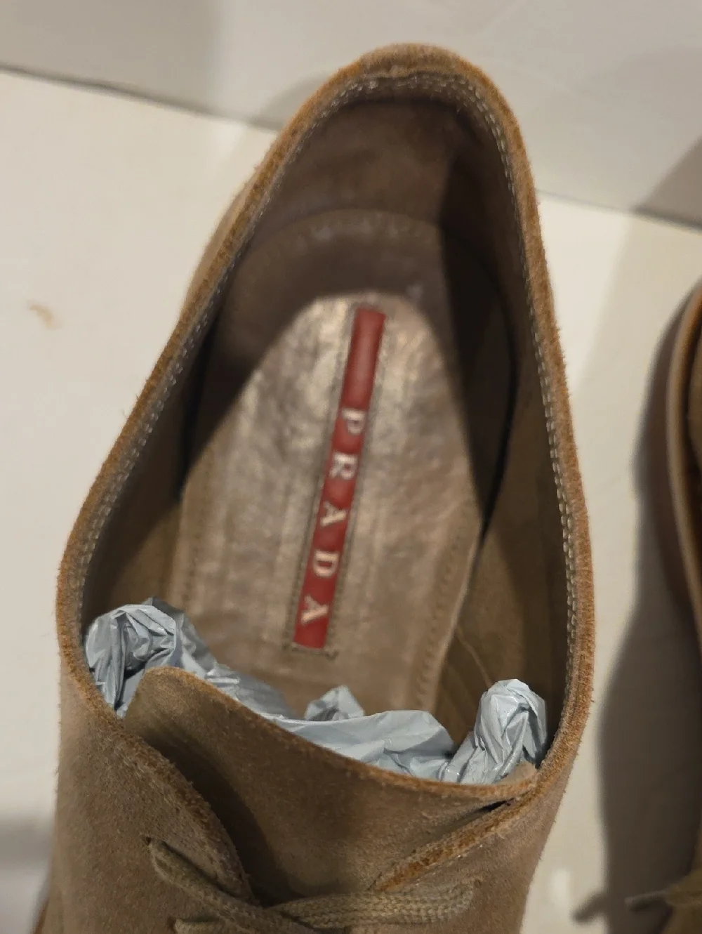 Prada Men's Suede Nubuck Buck Derby Shoes in Light Taupe Size 8